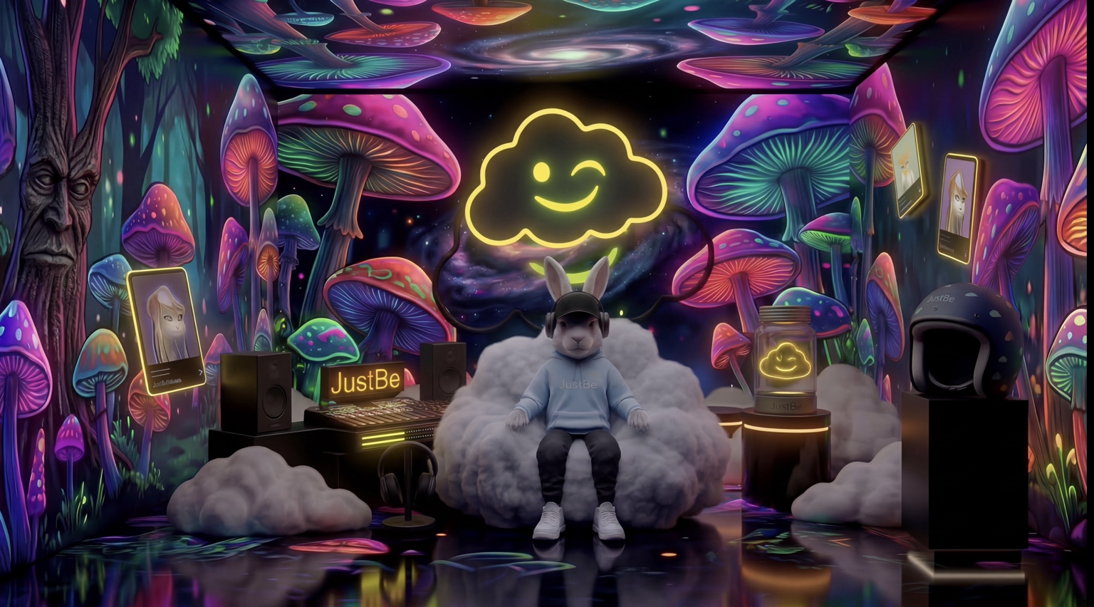 JustBe White Rabbit sitting on a cloud in a neon mushroom room